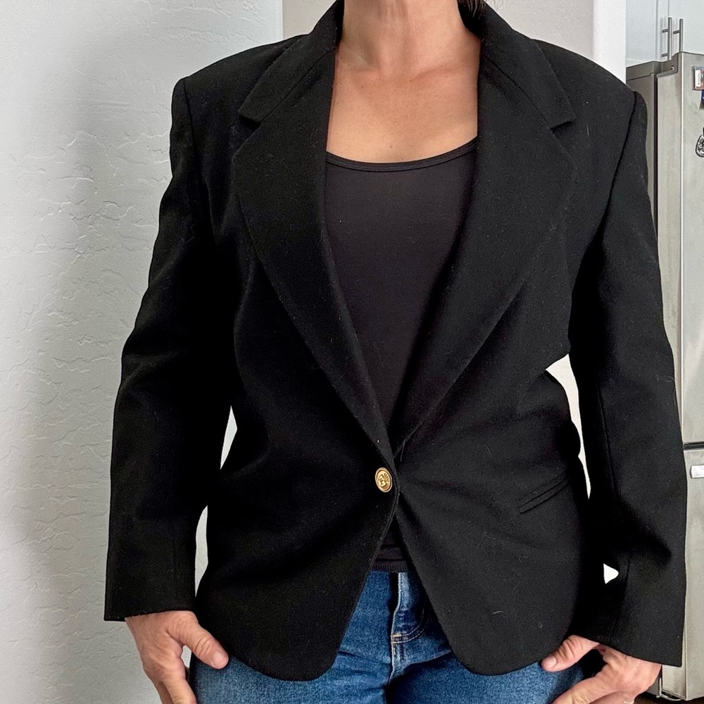 Vintage 80s Black Wool Blazer with Notched Lapels by Character Suburban wear